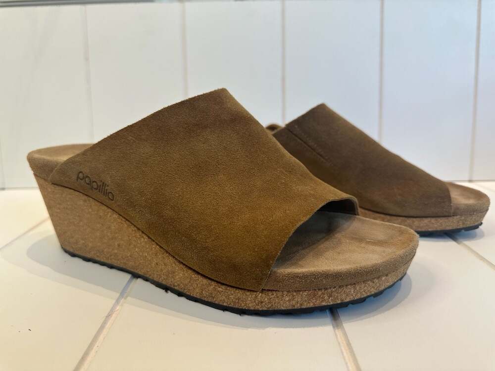 Papillio by Birkenstock Namica Suede Leather Wedge Slide Sandals in Tea EU 39